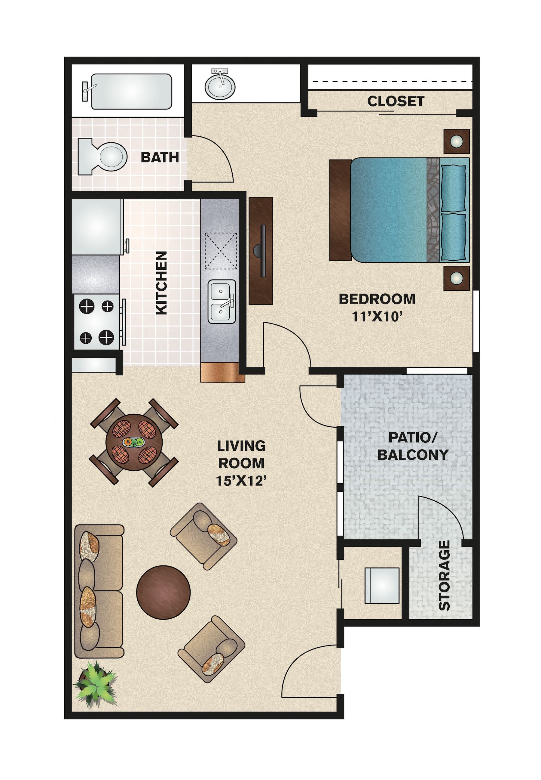 Floor plan for 1 bed, 1 bath, 493 sqft